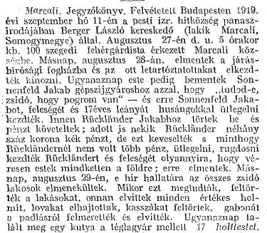 Részlet a „A dunántúli zsidóüldözések aktáiból” (Forrás: Egyenlőség, 1919. 09. 18., 3.o.)
